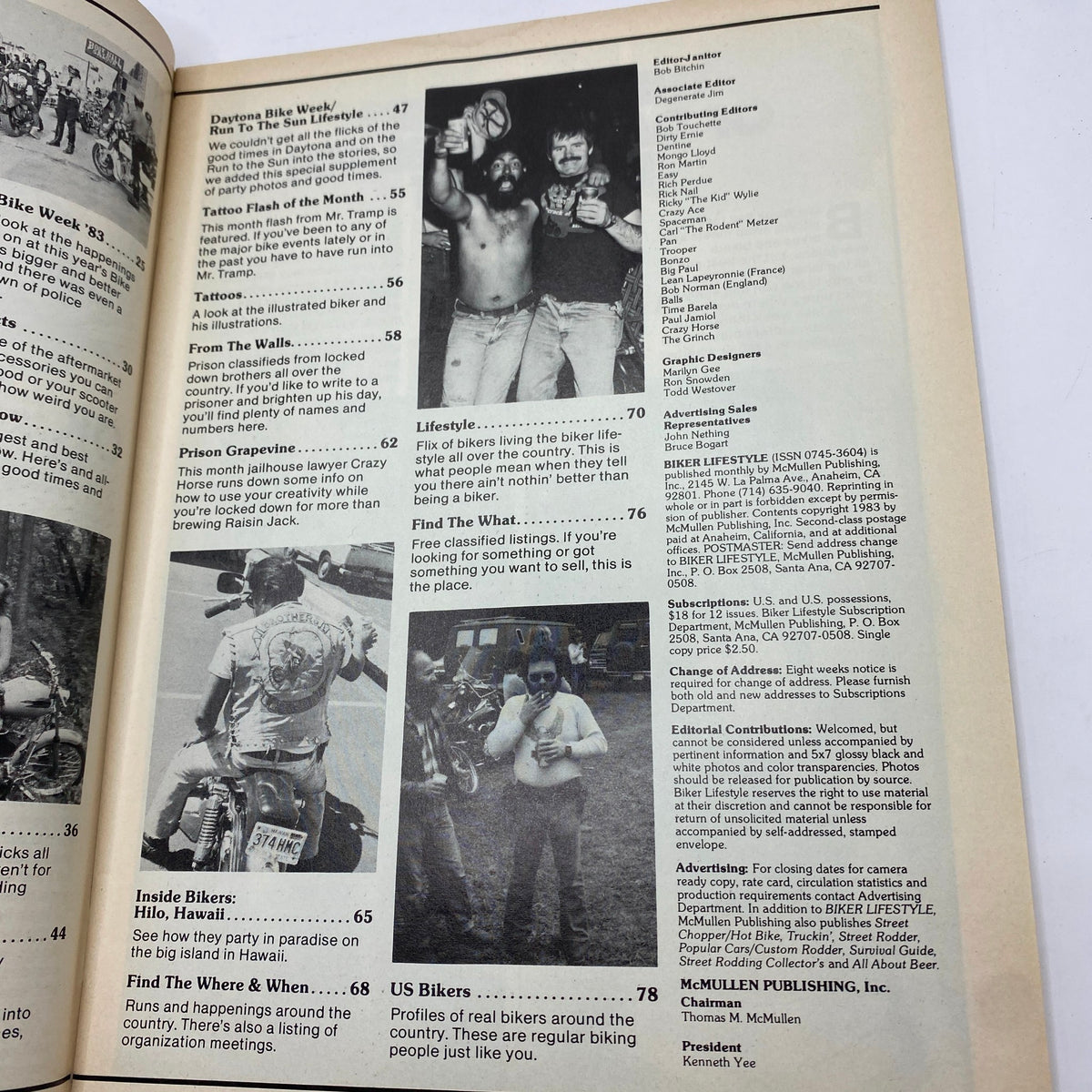 Another contents page snapshot from VTG Biker Lifestyle Magazine July 1983 Vol 3 No. 7 listing features about biker communities and events.
