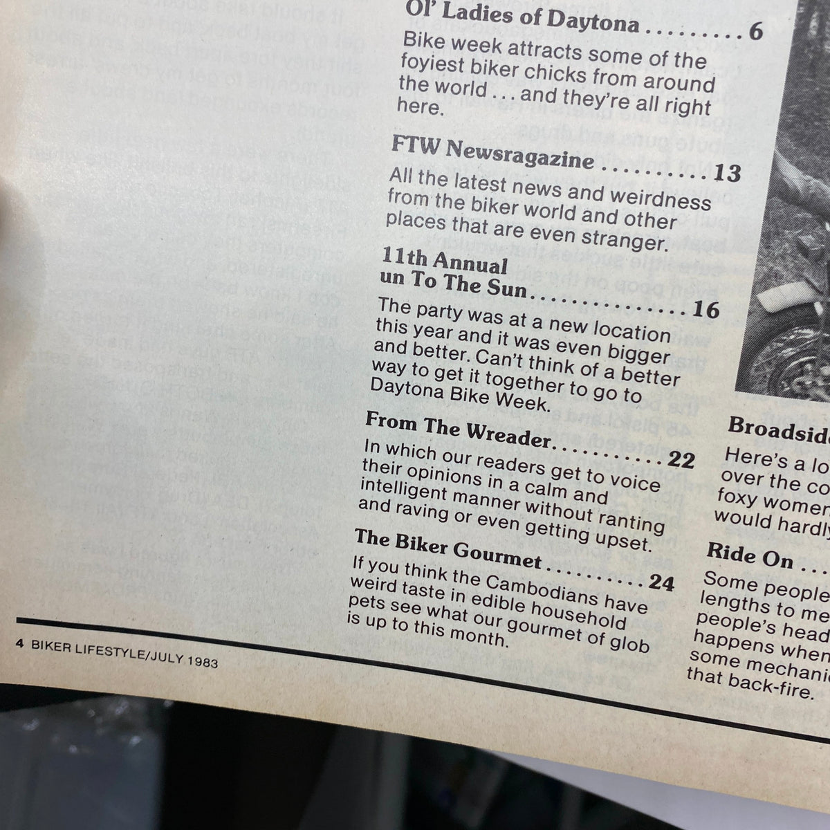 Fourth contents page of VTG Biker Lifestyle Magazine July 1983 Vol 3 No. 7 detailing articles on bikers' experiences and the biker gourmet.