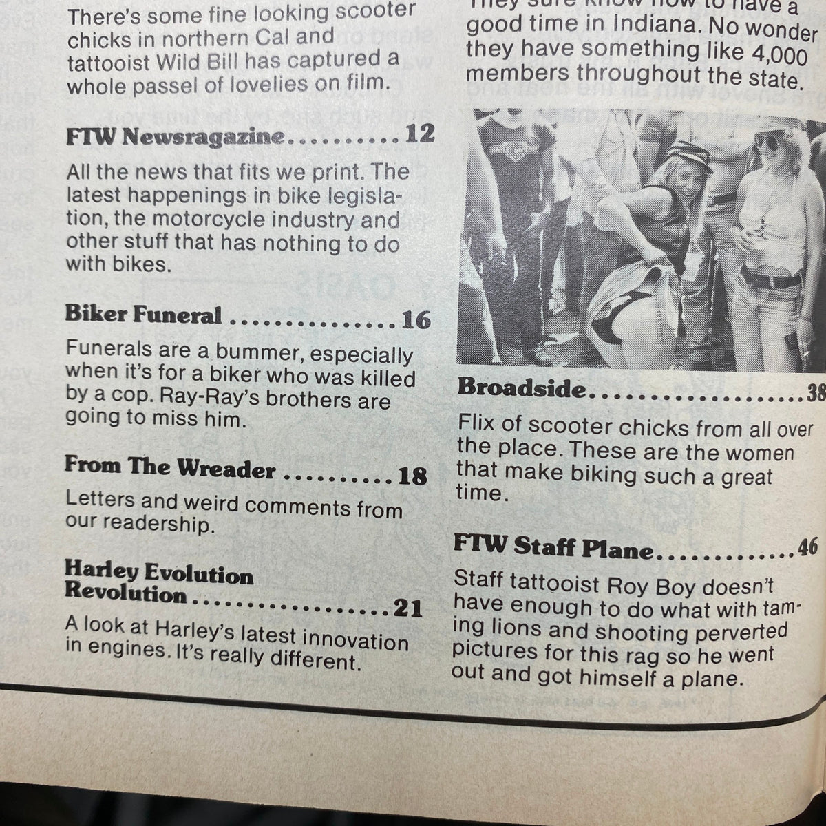 Another inside page of VTG Biker Lifestyle Magazine January 1984, Volume 4, Number 1 highlighting content such as Biker Funeral and FTW Newsragazine.