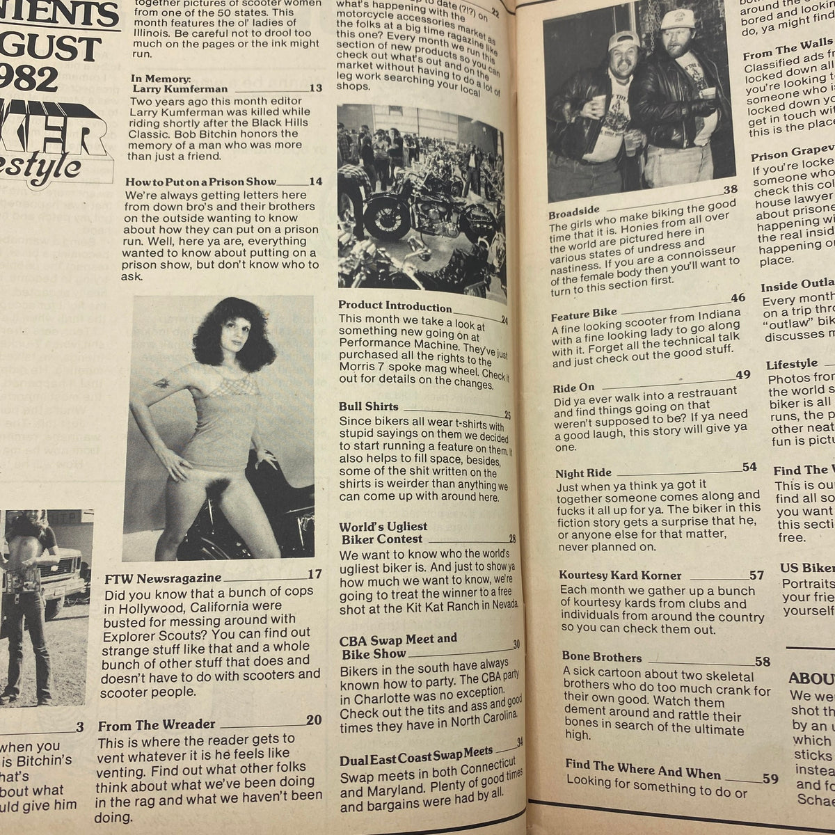 Inside view of VTG Biker Lifestyle Magazine August 1982 displaying contents page with articles about biker culture and features on events.