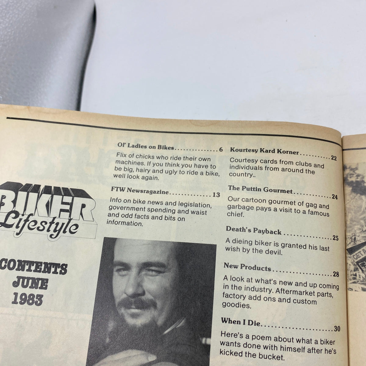 Contents page of the VTG Biker Lifestyle Magazine June 1983, outlining articles including 'OF Ladies on Bikes' and 'FTW Newsragazine'.