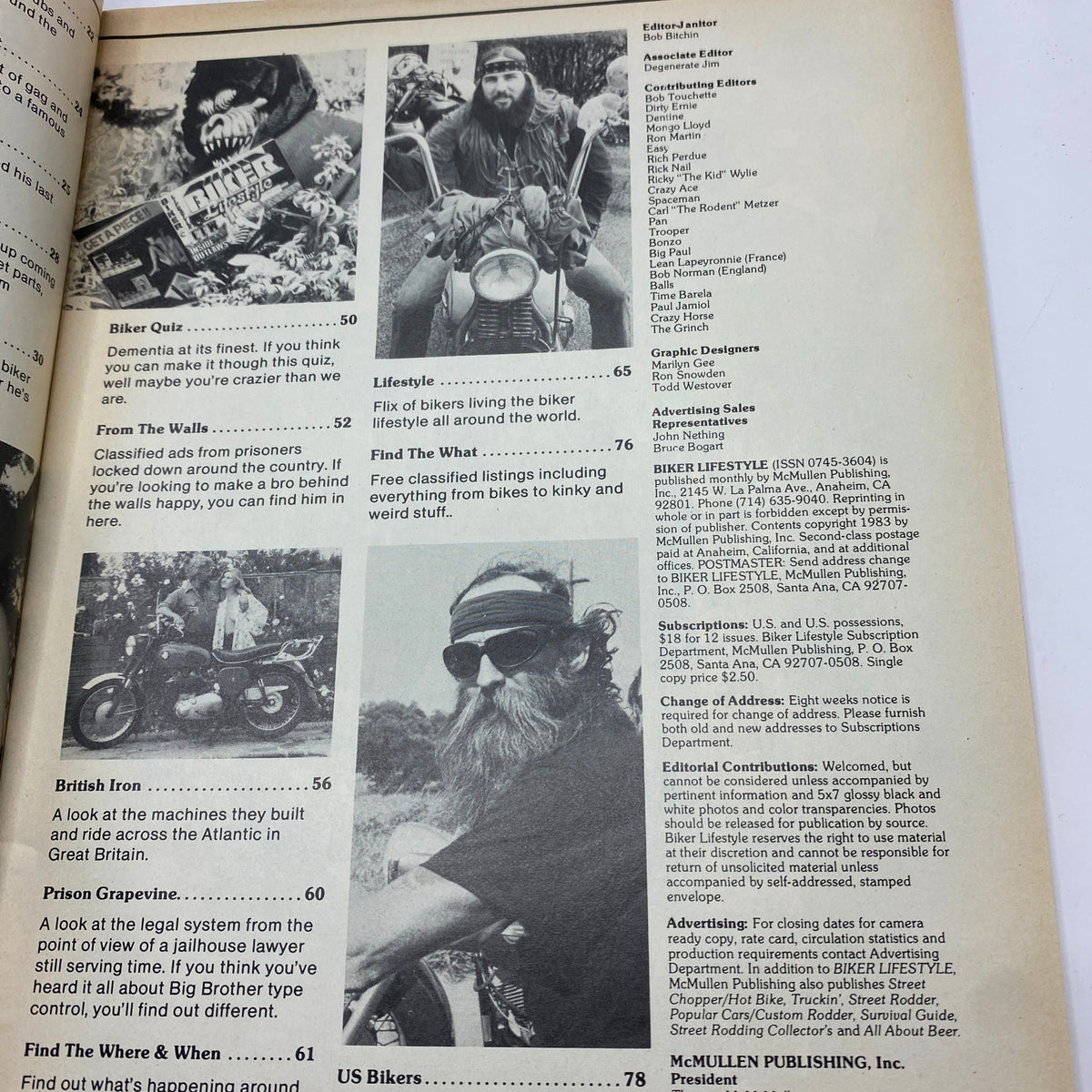 Interior page from VTG Biker Lifestyle Magazine June 1983 featuring articles like 'Biker Quiz', 'Lifestyle', and 'British Iron' with images of bikers and motorcycles, highlighting women in motorcycling.