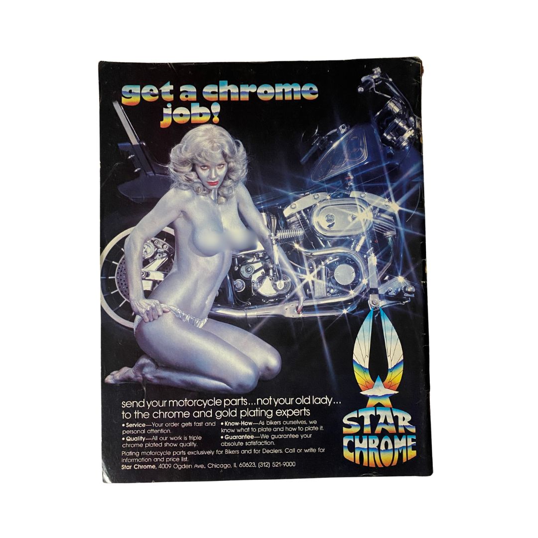 Advertisement in Easyriders Magazine March 1981 No. 93 for Star Chrome, featuring a glamorous woman beside a motorcycle, promoting chrome and gold plating services.