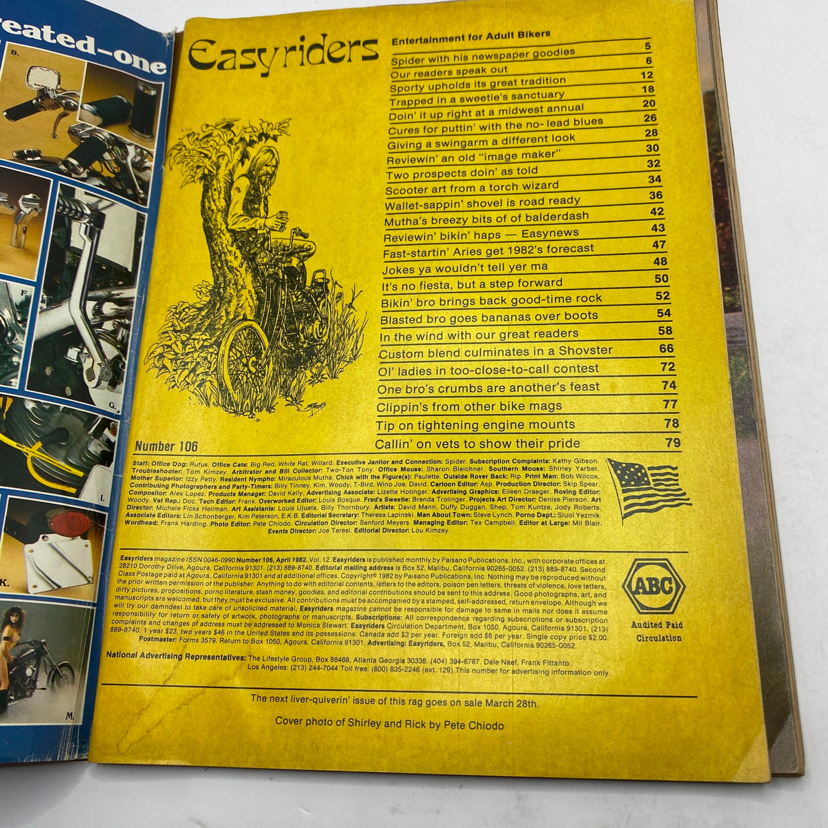Inside page of VTG Easyriders Magazine April 1982 No. 106 Reviewin' Bikin' Haps displaying the contents list and magazine details.