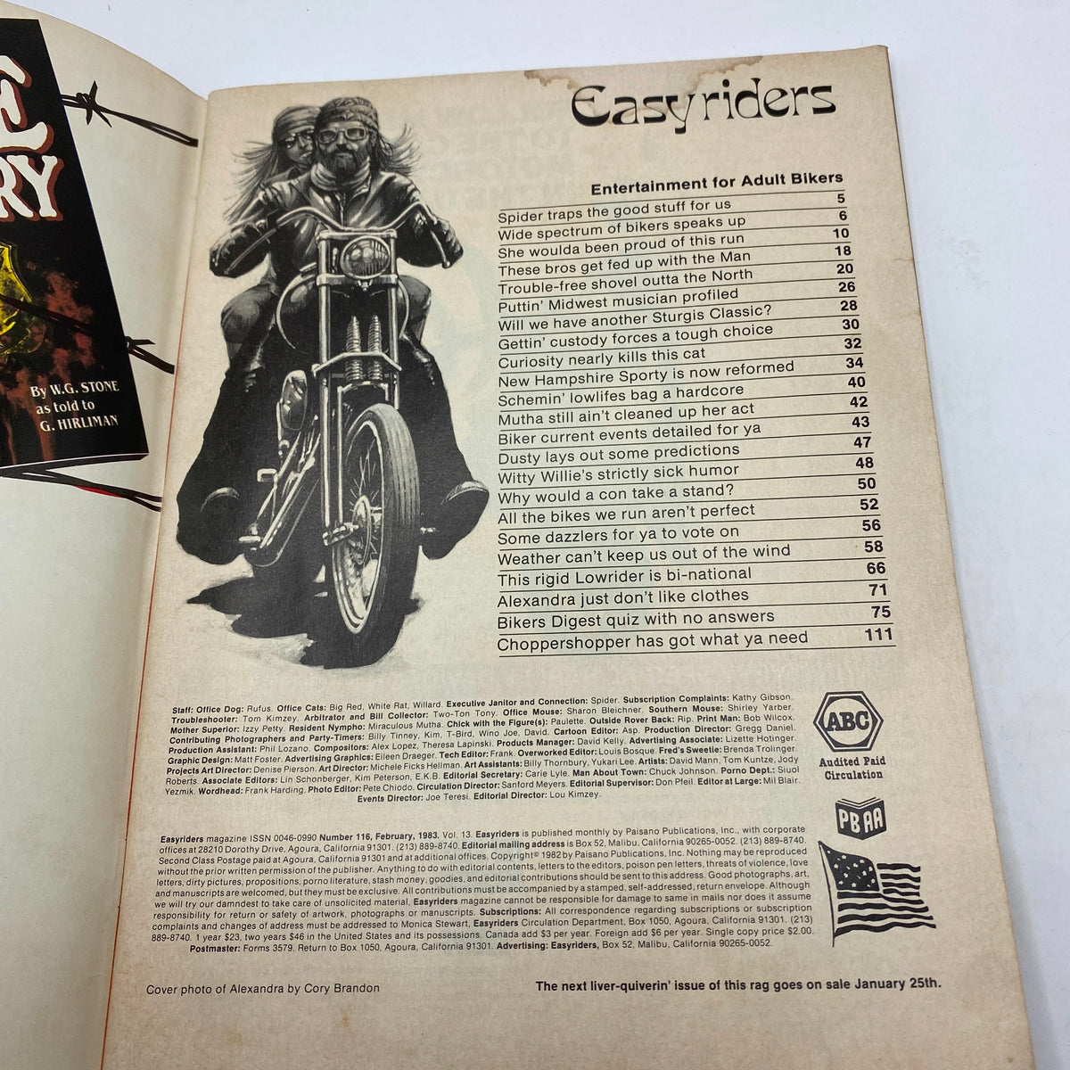 Inside page of VTG Easyriders Magazine February 1983, displaying the table of contents and articles related to biker lifestyle and culture.