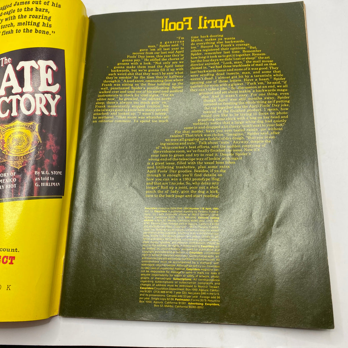 Inside page of VTG Easyriders Magazine April 1983 showcasing an article headline with April Fools' theme and vibrant graphic design.