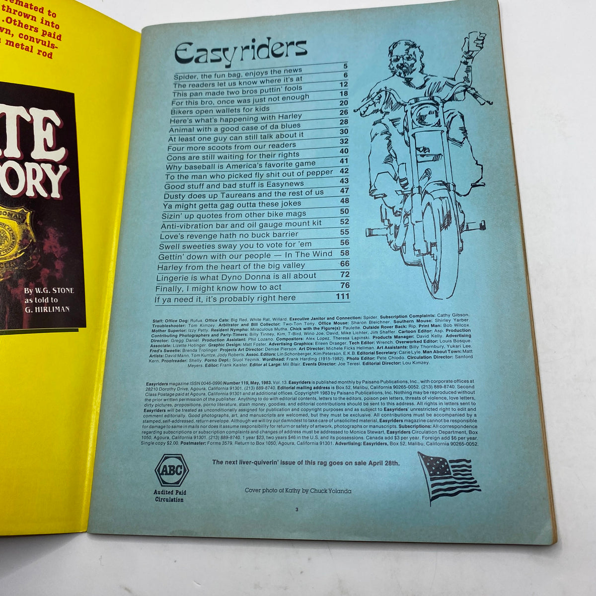 Inside page of VTG Easyriders Magazine May 1983 displaying the table of contents, illustrating featured articles and motorcycle culture of the time.