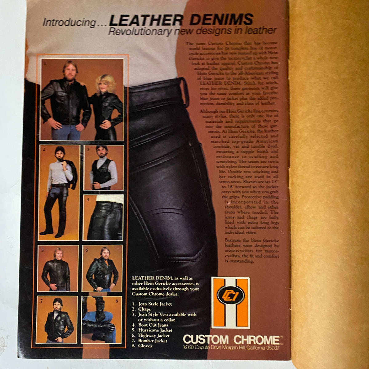 Advertisement page from VTG Easyriders Magazine May 1983 promoting leather denims and motorcycle fashion trends.