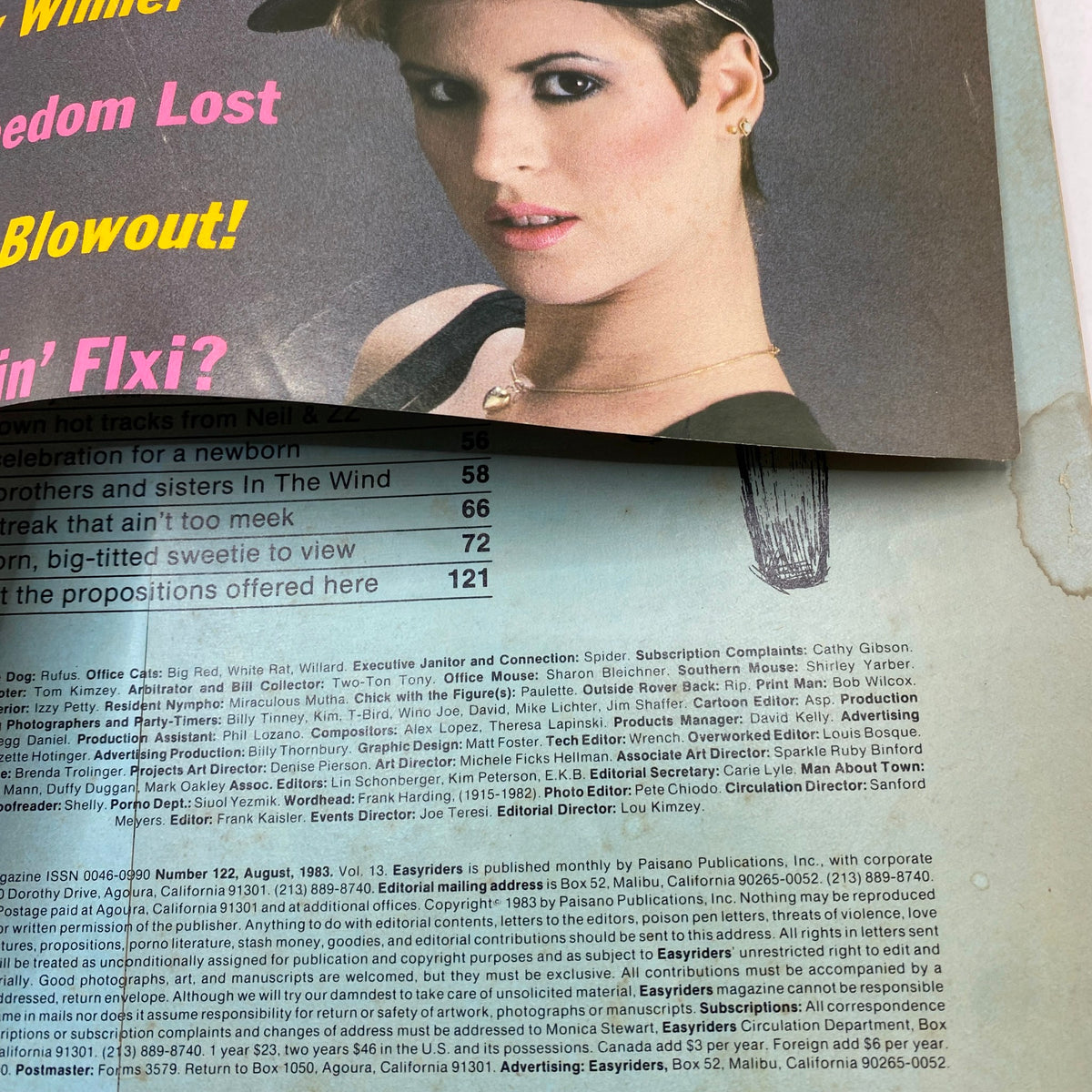 Close-up of the cover of VTG Easyriders Magazine August 1983 with highlights on the You Pick Yearly Ol' Lady Winner and various article titles.