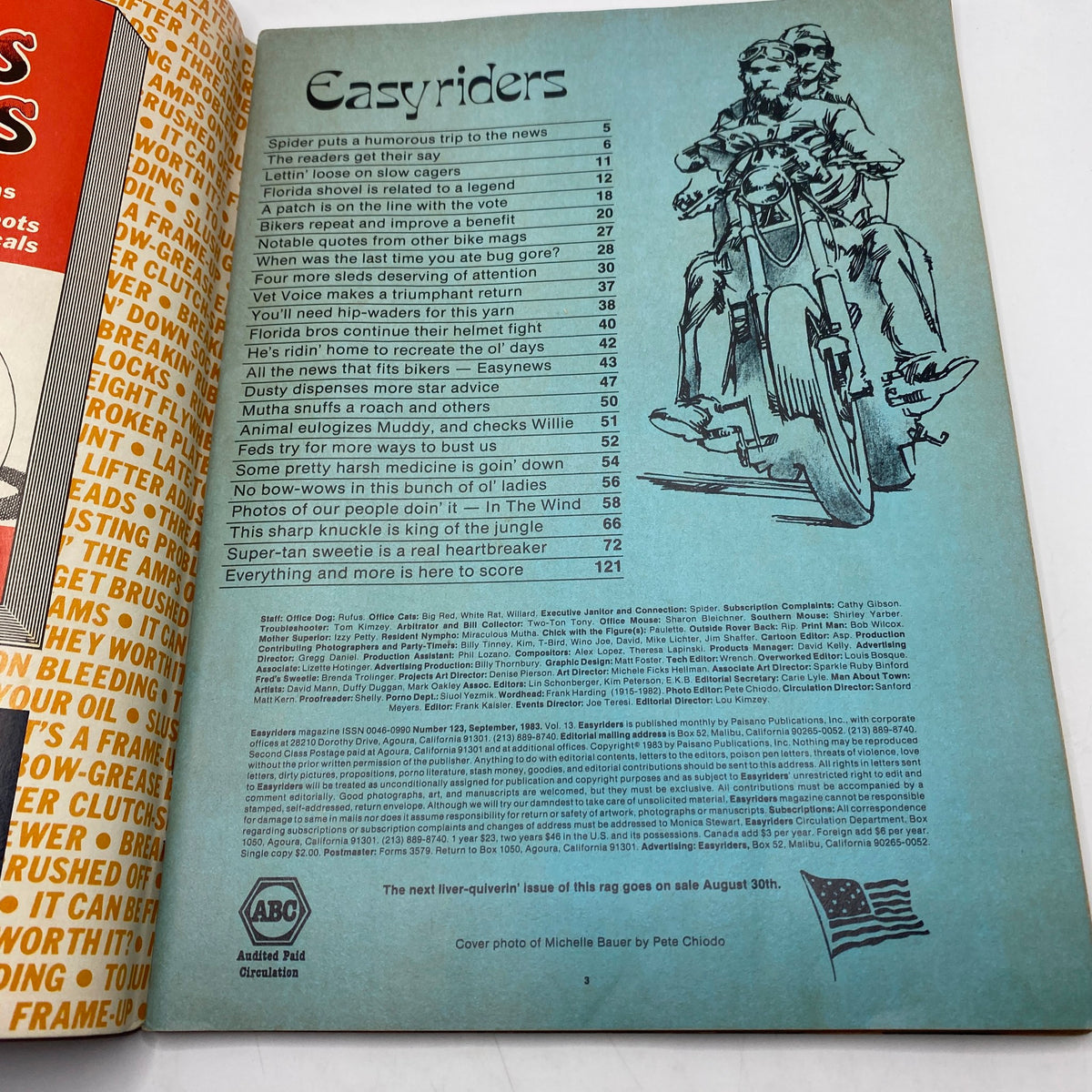 Inside page of Easyriders Magazine, September 1983, displaying the table of contents with illustrations and titles of featured articles.