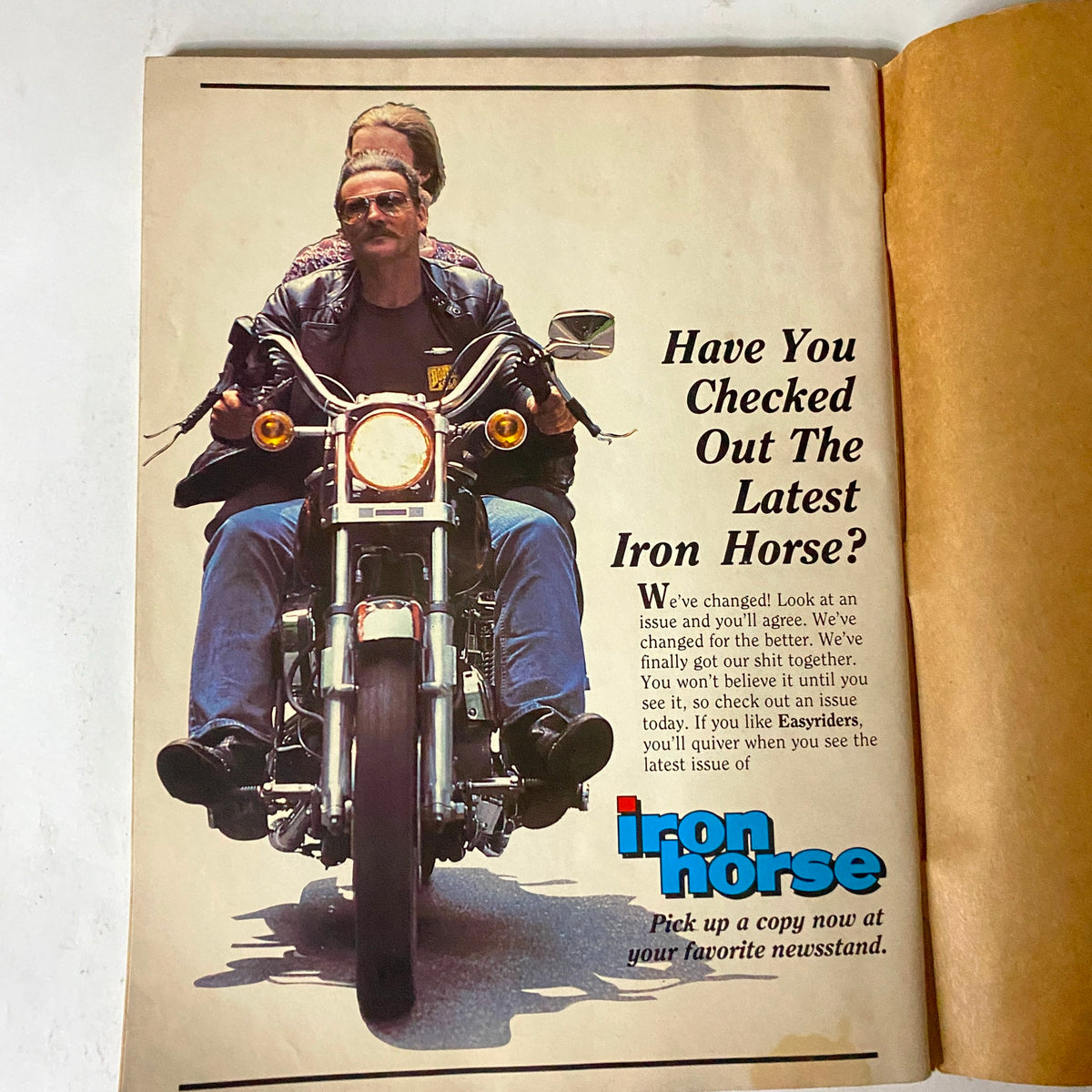 An advertisement in Easyriders Magazine, September 1983, promoting the Iron Horse magazine with a photo of a motorcyclist.