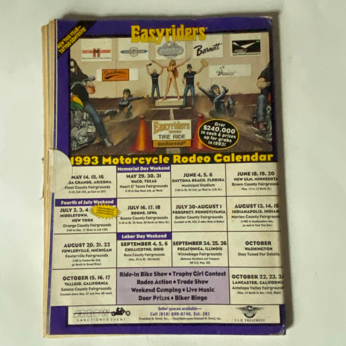 Back cover of Easyriders Magazine July 1993 No. 241 displaying the 1993 Motorcycle Rodeo Calendar with events and dates.