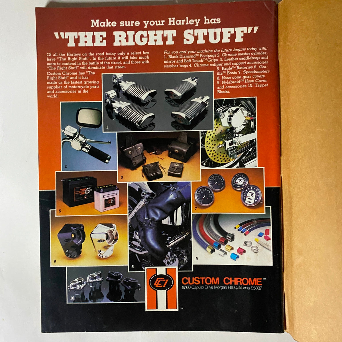 Advertisement page from VTG Easyriders Magazine August 1984 focusing on motorcycle parts and accessories, featuring Custom Chrome products for Harley.