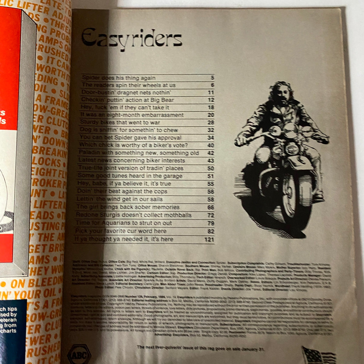 Inside page of VTG Easyriders Magazine February 1984, featuring the table of contents and a stylized illustration of a man riding a motorcycle.