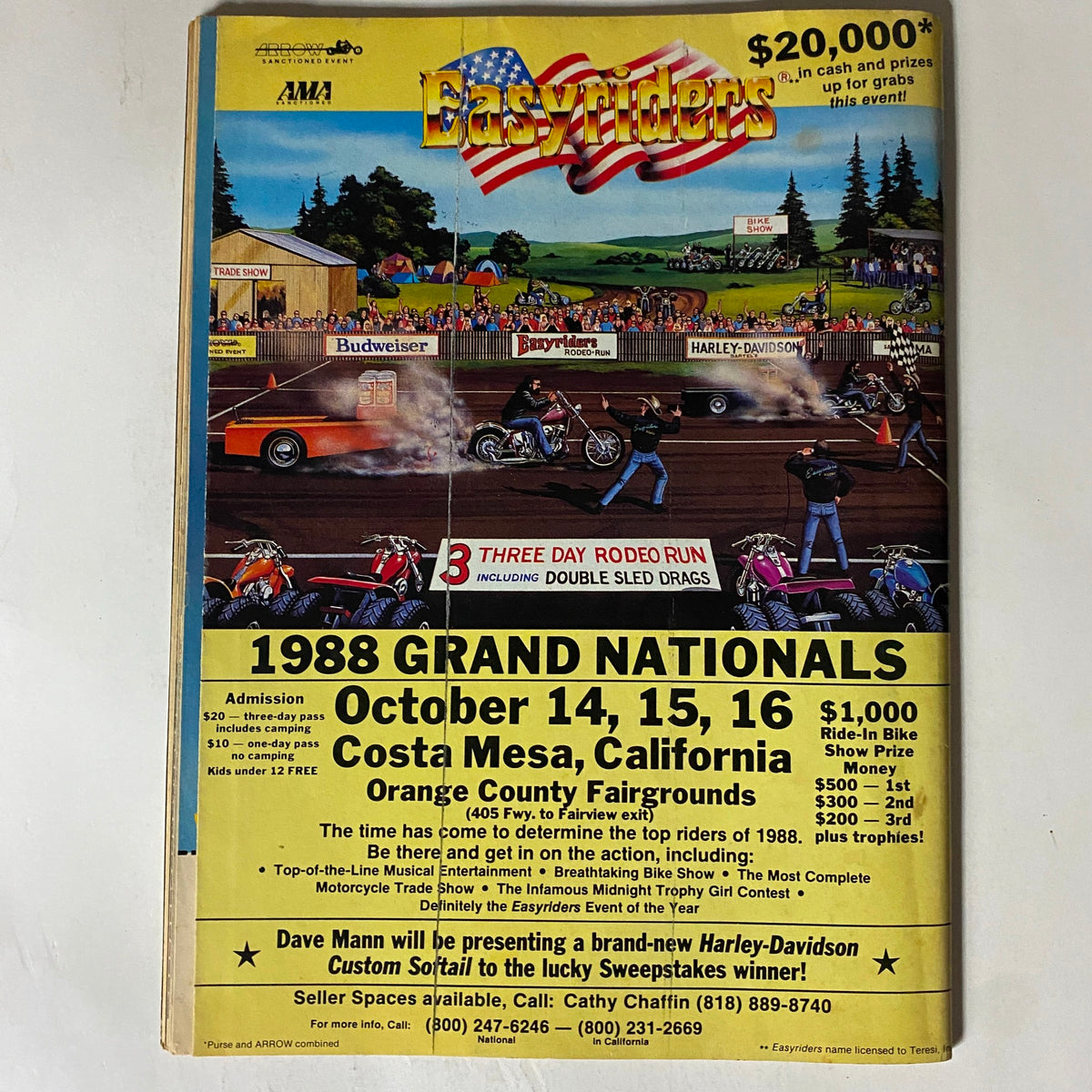 Back cover of Easyriders Magazine November 1988 promoting the 1988 Grand Nationals event with details on admission and activities.