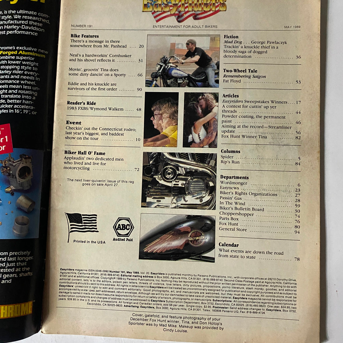 Table of contents page from VTG Easyriders Magazine May 1989, listing articles and features about motorcycles and biker culture. Essential reading for motorcycle enthusiasts.