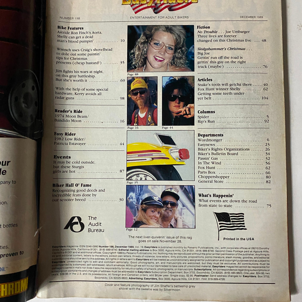 Page from VTG Easyriders Magazine December 1989 featuring contents including articles, features, and reader submissions related to motorcycle culture.