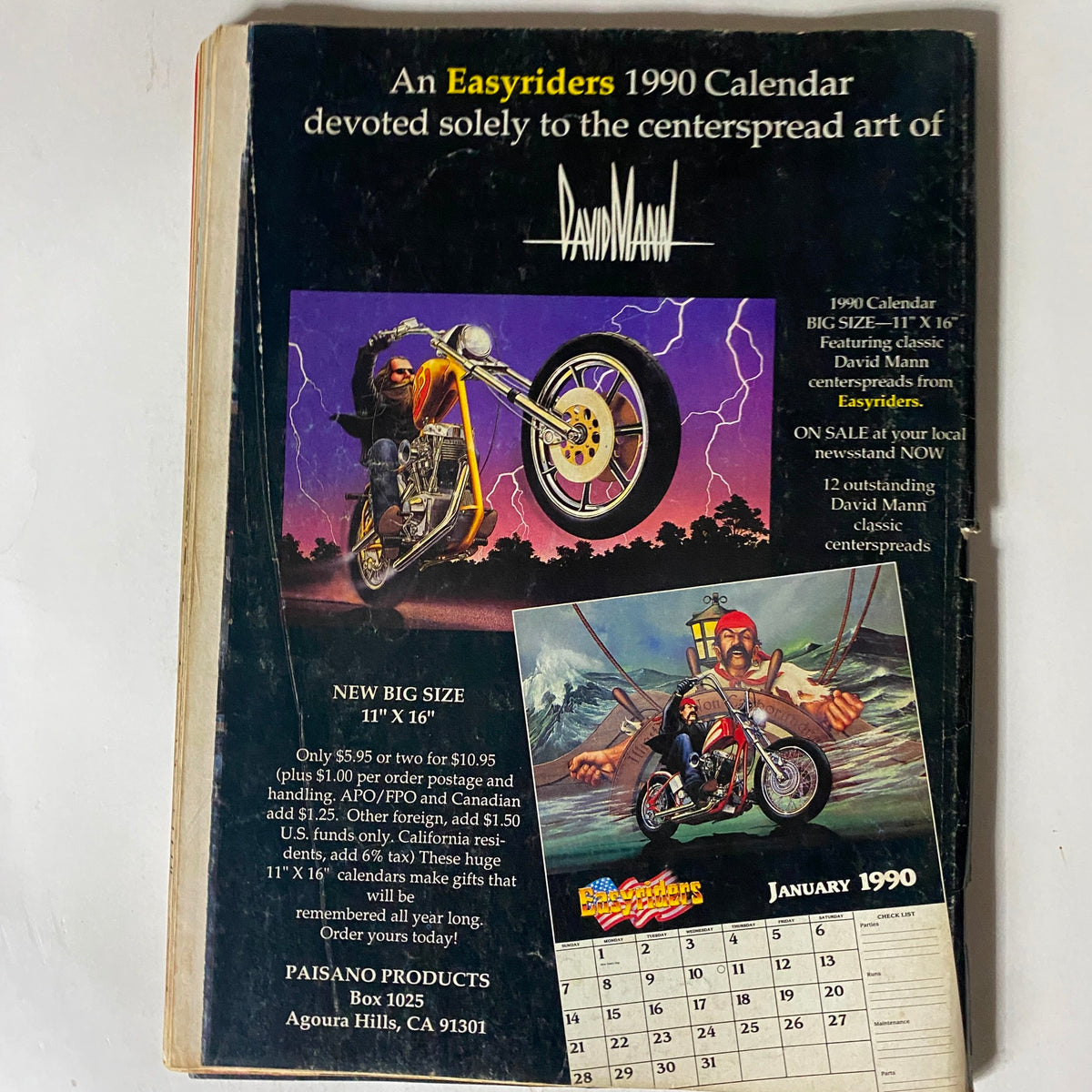 Back cover of VTG Easyriders Magazine December 1989 showcasing a promotional for an Easy Riders 1990 Calendar featuring David Mann's artwork.