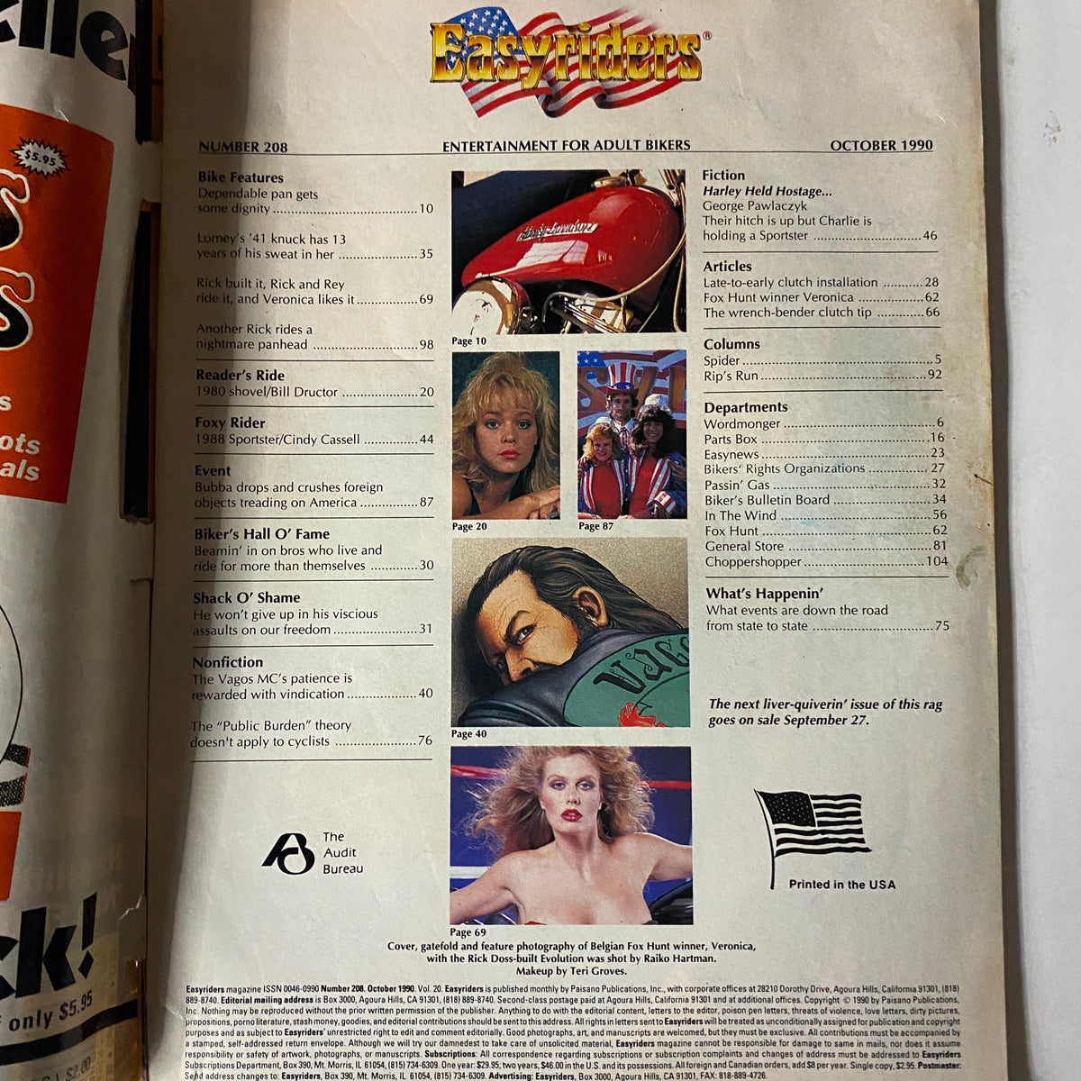 Interior page of VTG Easyriders Magazine October 1990, showcasing the table of contents with articles and features from the biker lifestyle.