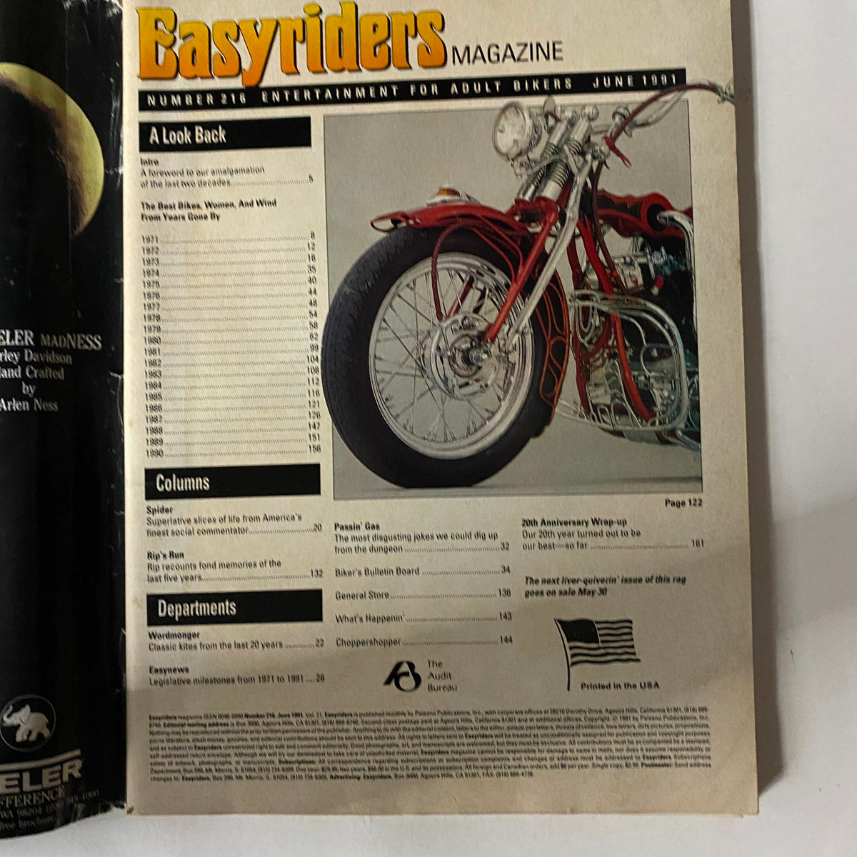 Interior page of VTG Easyriders Magazine June 1991 showcasing contents and articles related to motorcycle history and culture.
