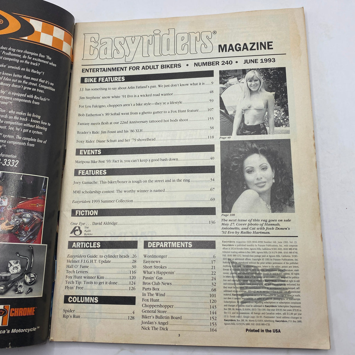 Interior page of Easyriders Magazine June 1993 displaying the table of contents and featuring highlights of the issue including articles and model Diane Schutt.