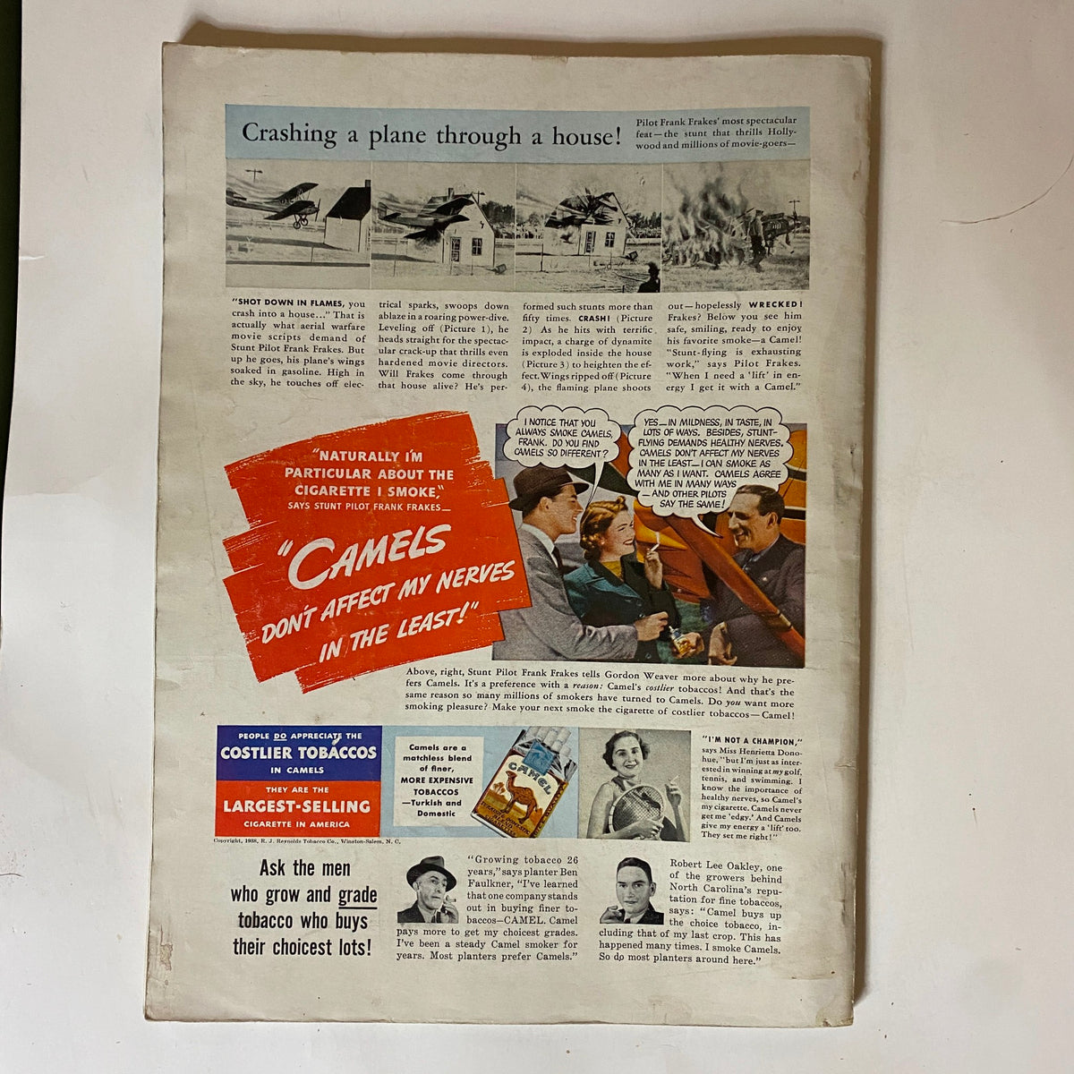 Vintage advertisement from The American Magazine, October 1938, featuring stunt pilot Frank Frakes promoting Camels cigarettes and discussing safety in movie stunts.