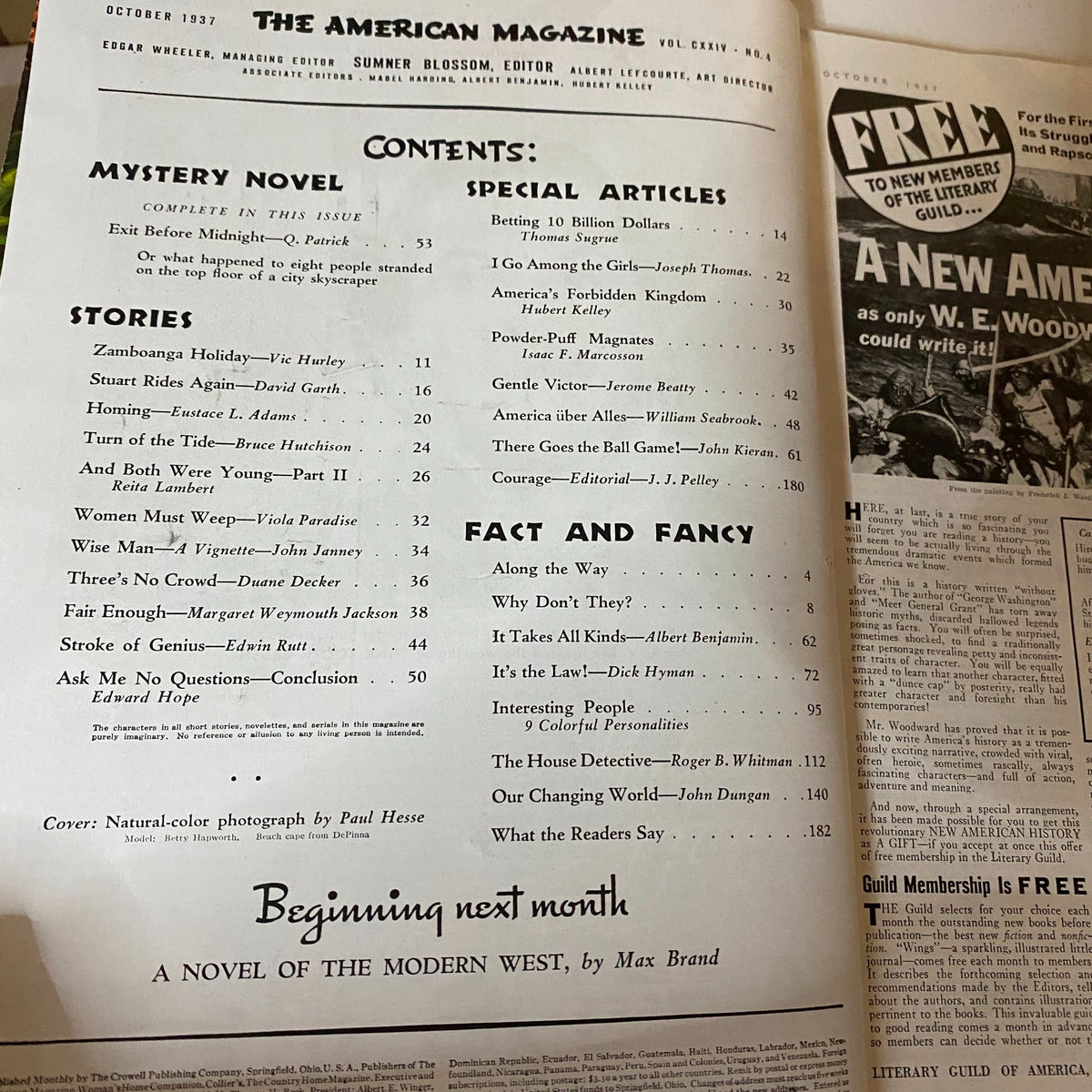 Vintage The American Magazine October 1937 Betty Hapworth Cover