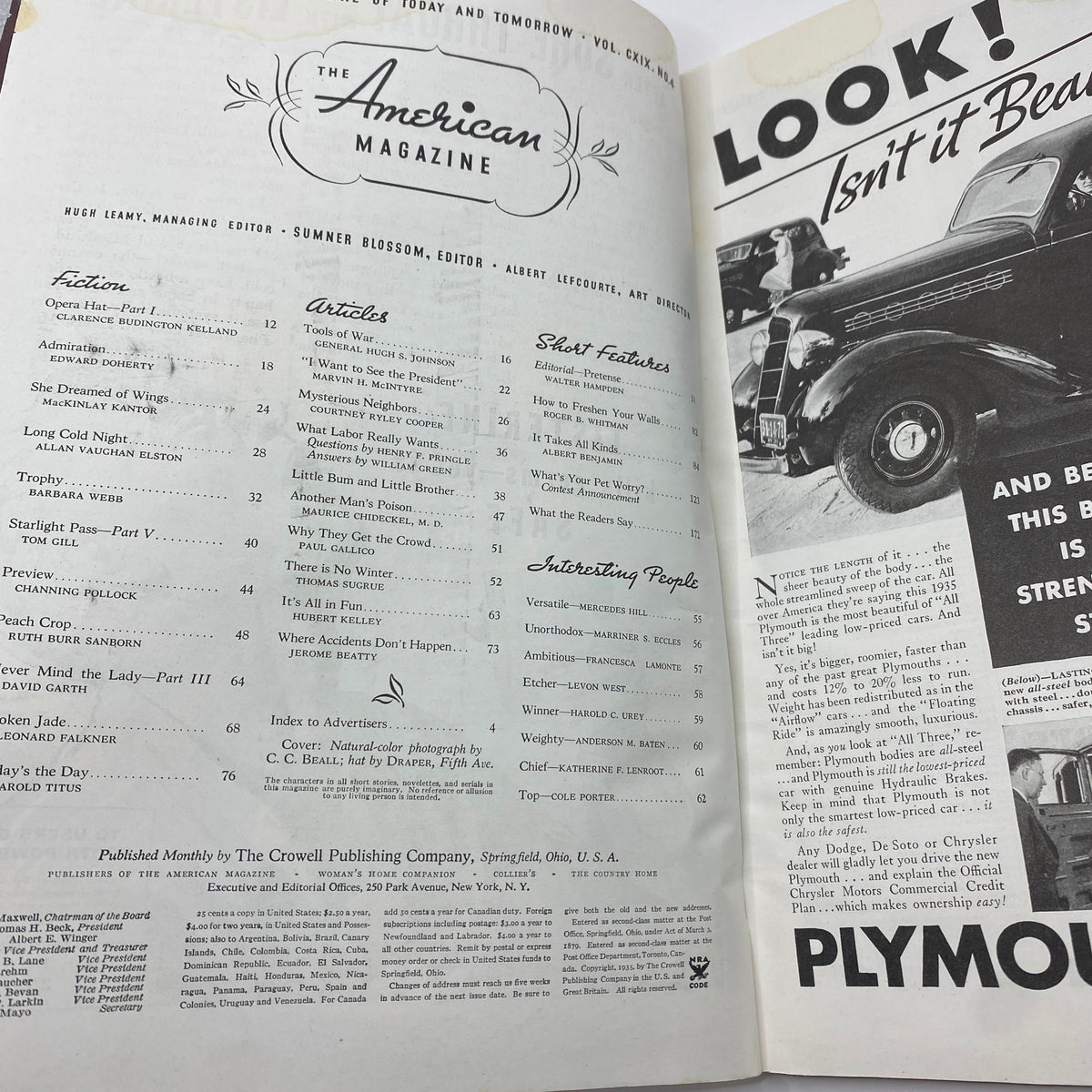 Interior page of VTG The American Magazine April 1935, displaying the table of contents, highlighting various articles and features reflecting the cultural landscape of the era.