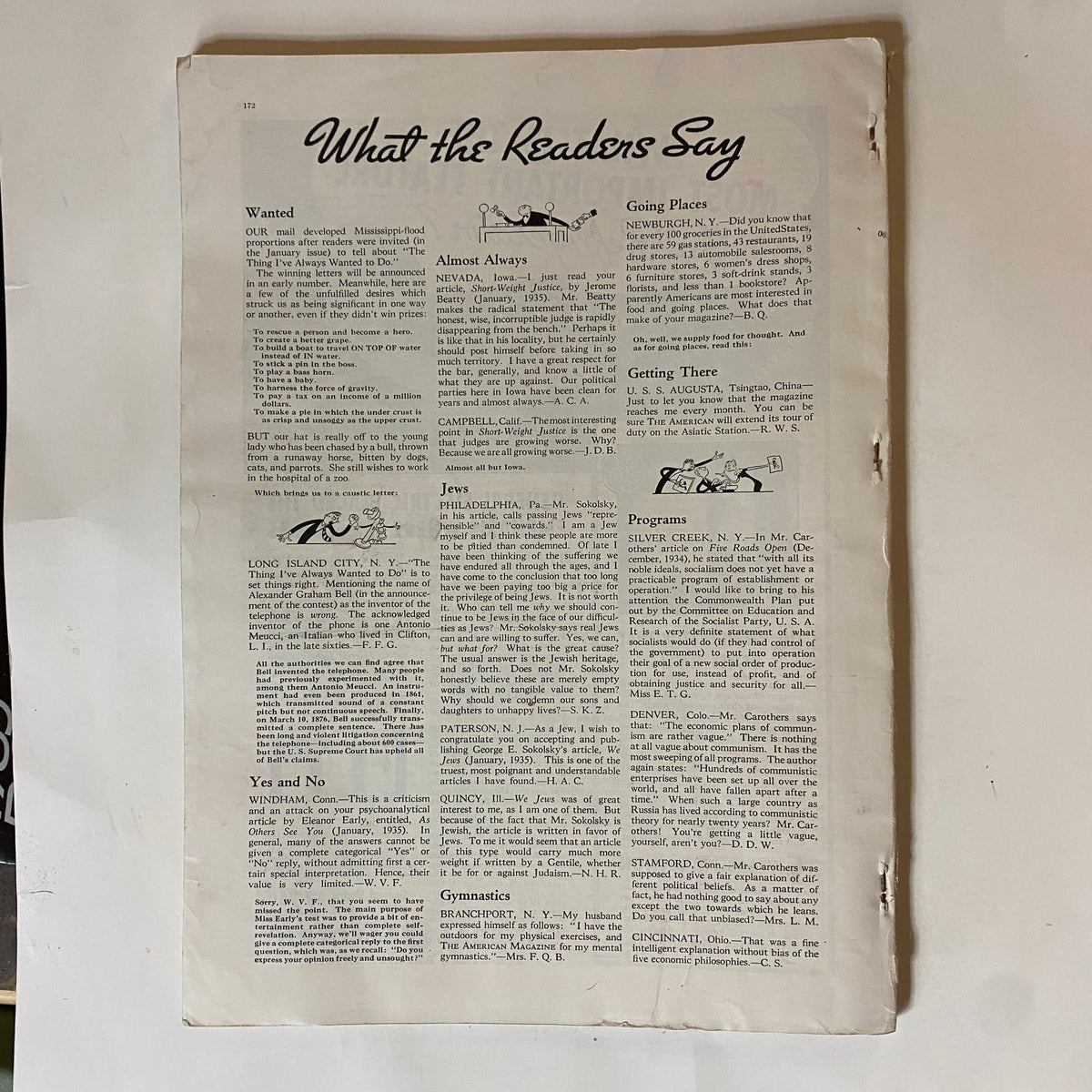 Interior page from VTG The American Magazine April 1935 featuring a section titled 'What the Readers Say', showcasing reader contributions, advice, and programs, reflecting the cultural landscape of the 1930s.