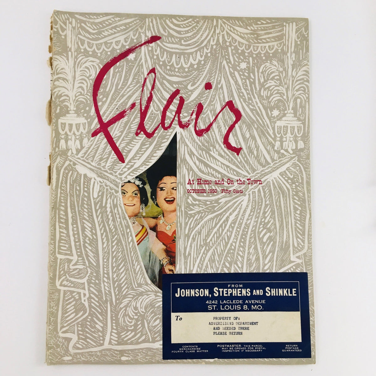 Cover of VTG Flair Magazine October 1950 Vol. 1 No. 9 showcasing the theme 'At Home and On The Town' with stylish design and graphics.