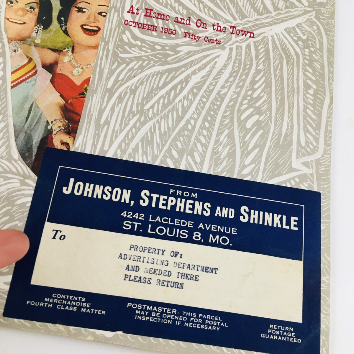 Close-up of the VTG Flair Magazine October 1950 Vol. 1 No. 9 displaying the magazine's mailing label from Johnson, Stephens and Shinkle.