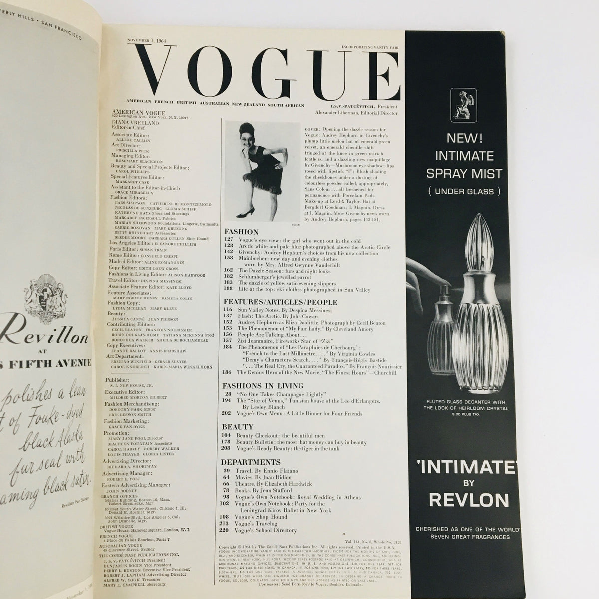 Inside page of the Vogue Magazine November 1 1964, displaying the editorial layout which provides insight into 1960s fashion and culture.