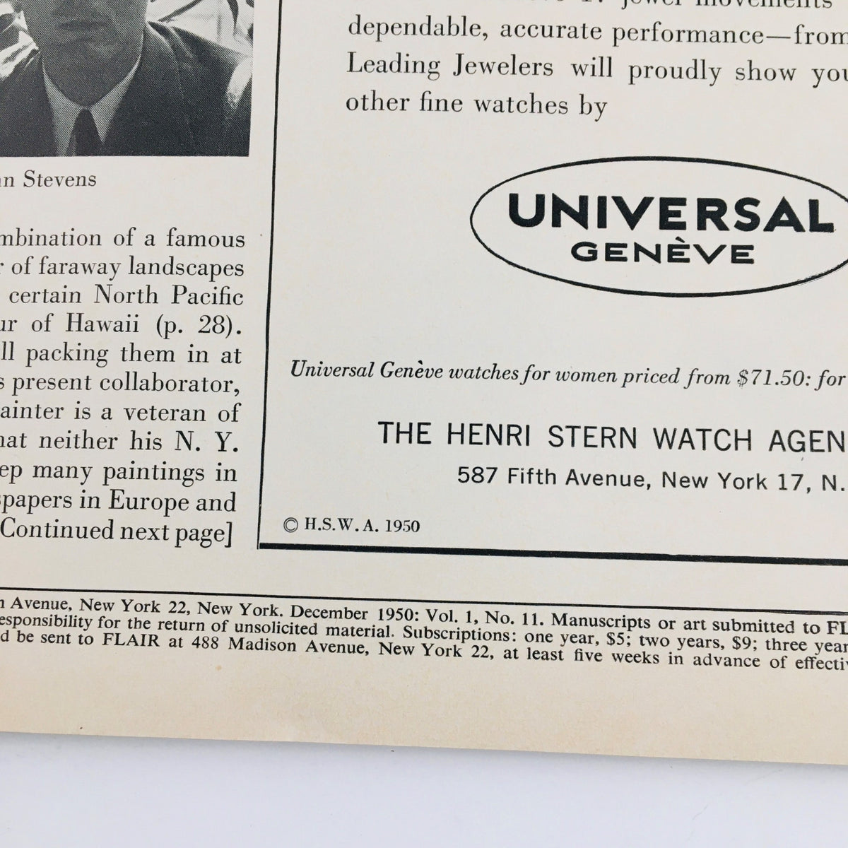 Interior advertisement page from the VTG Flair Magazine December 1950, featuring Universal Genève watches, showcasing mid-20th century design and vintage advertising style.