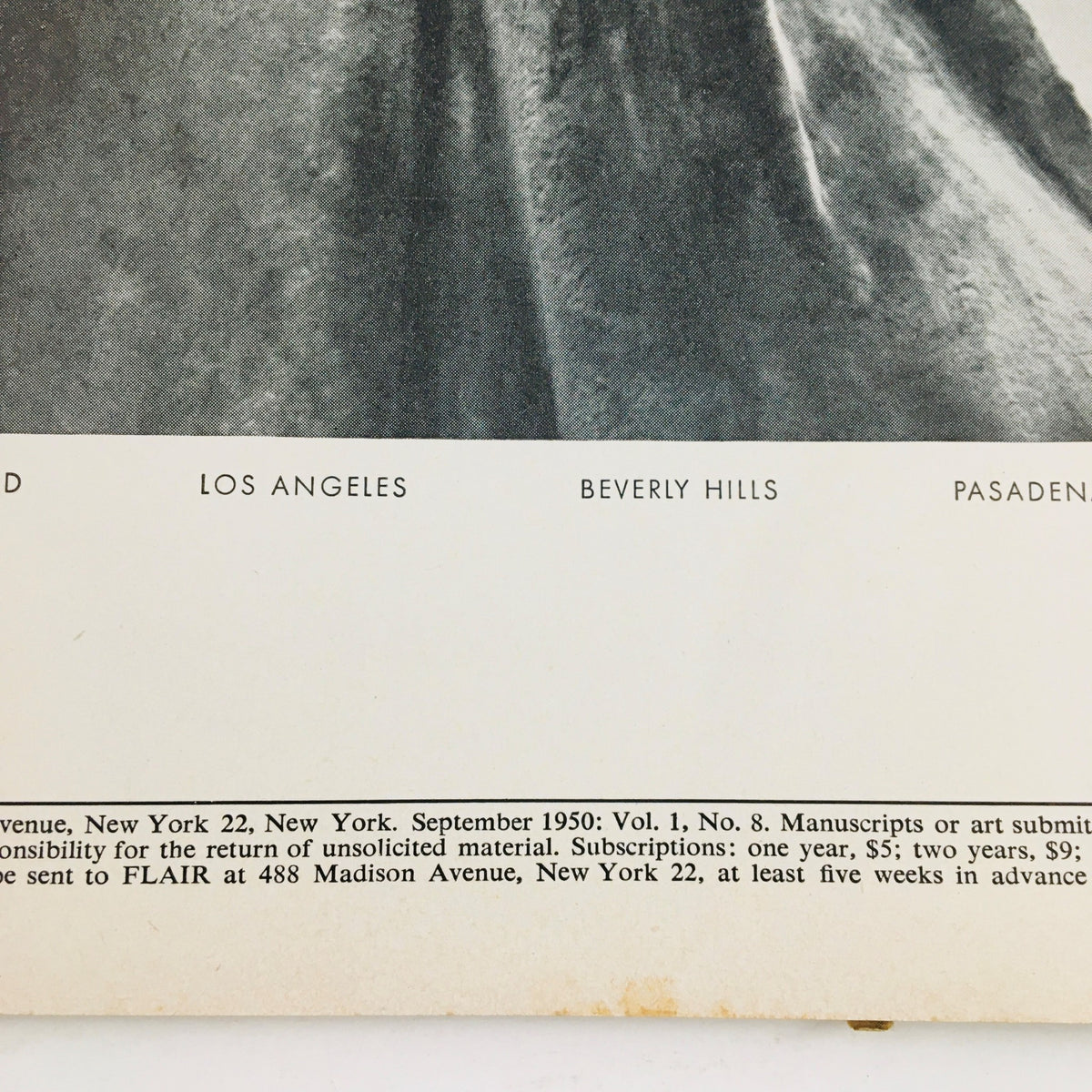 Back cover of VTG Flair Magazine September 1950 Vol. 1 No. 8 featuring subscription information and historical context.