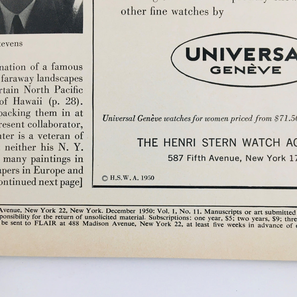 Detail from Vintage Flair Magazine December 1950, showcasing an advertisement for Universal Genève watches and a text snippet about contributing artists, reflecting 1950s design and print aesthetics.