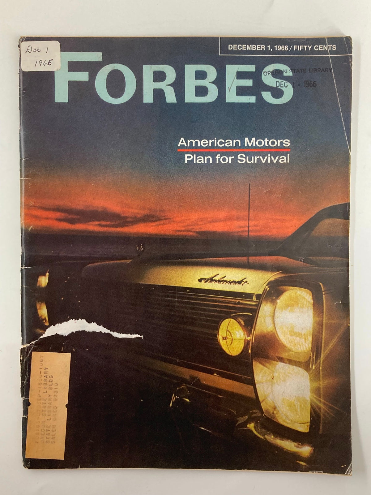 Cover of the vintage Forbes Magazine from December 1, 1966, featuring the title 'American Motors Plan for Survival' against a dramatic sunset background.