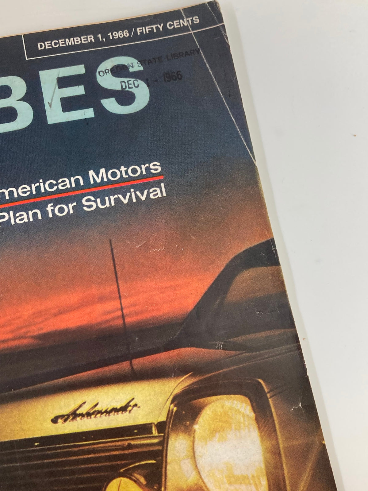 Top section of the cover of VTG Forbes Magazine, December 1, 1966, showcasing the title and principal article 'American Motors Plan for Survival'.