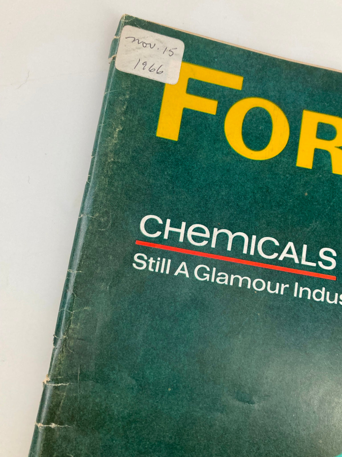 Close-up of the cover of VTG Forbes Magazine December 15 1966, showing the title 'Forbes' and the question 'Chemicals Still A Glamour Industry?' with a vintage aesthetic.
