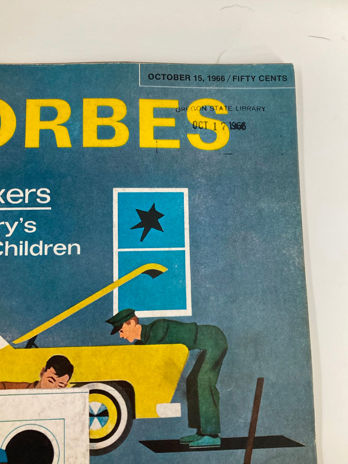Close-up view of the title and date on the cover of the VTG Forbes Magazine from October 15, 1966, highlighting 'The Fixers: Industry's Problem Children'.