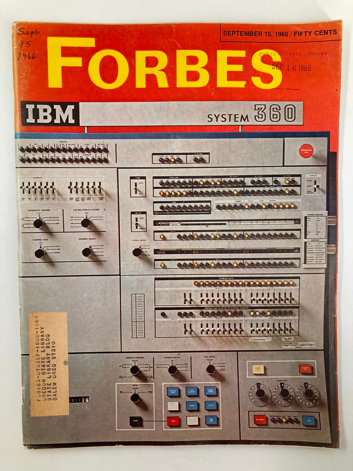 VTG Forbes Magazine September 15 1966 cover featuring the IBM System 360, showcasing a vintage technology layout.
