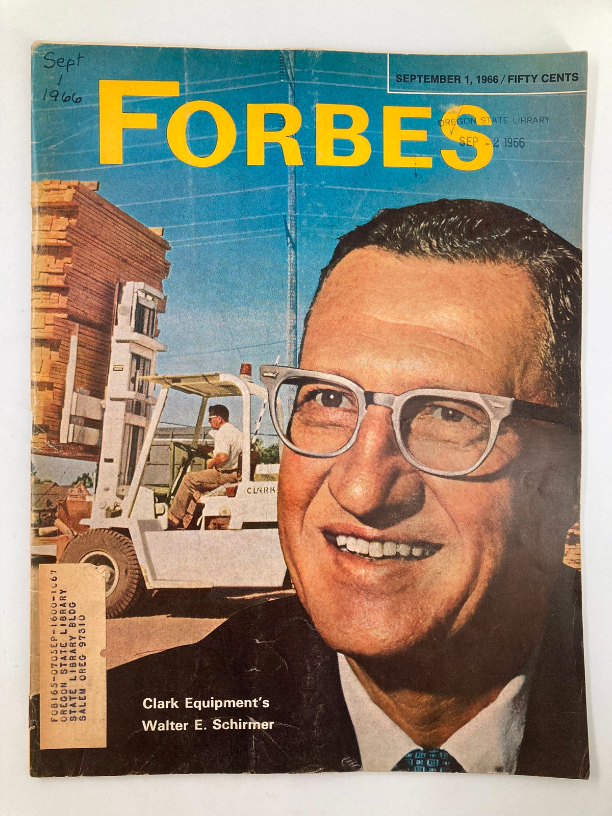 Cover of Vintage Forbes Magazine from September 1, 1966 featuring Clark Equipment's Walter E. Schirmer, showcasing a vintage design and distinct markings.