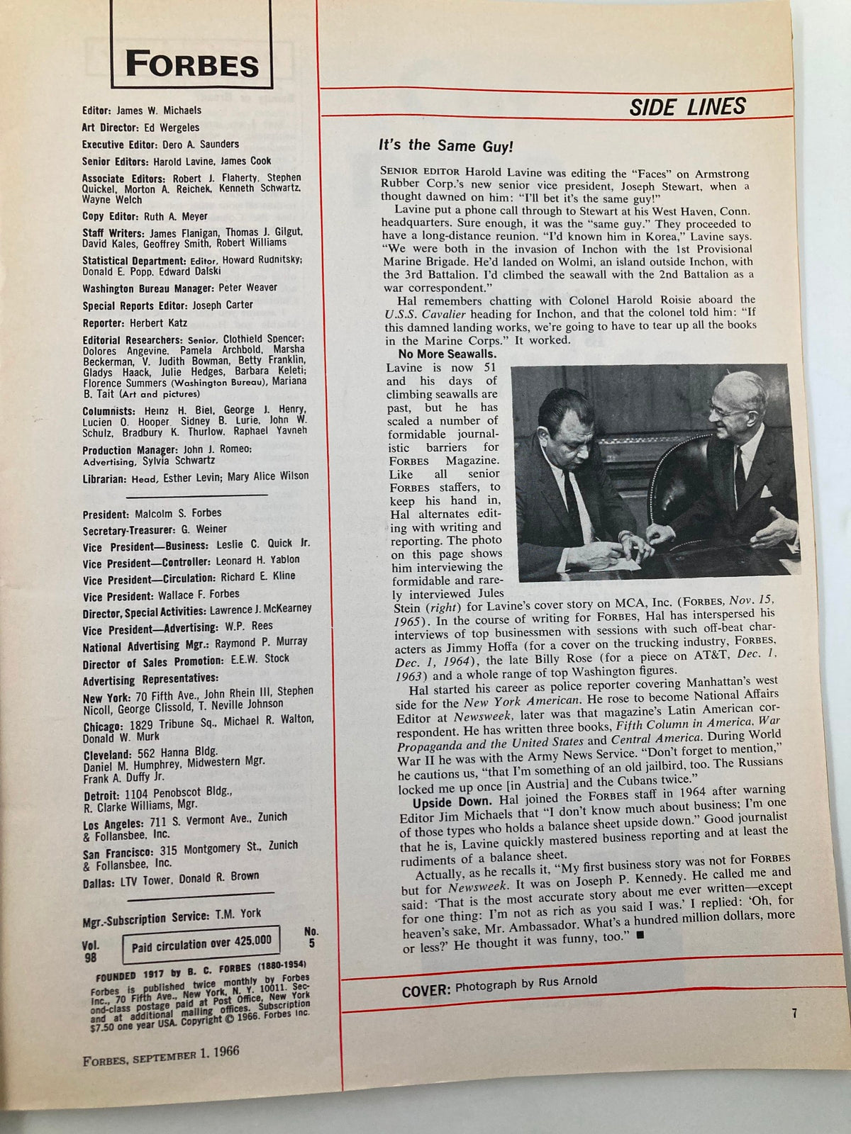 Inside page of the vintage Forbes Magazine from September 1, 1966, displaying editor credits and articles, highlighting the publication's rich content and middle of the 20th-century business insights.