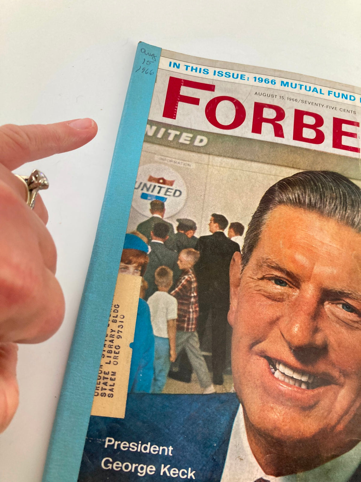 Detailed view of the cover of VTG Forbes Magazine August 15 1966, showing President George Keck and a visible library label, emphasizing its vintage nature.