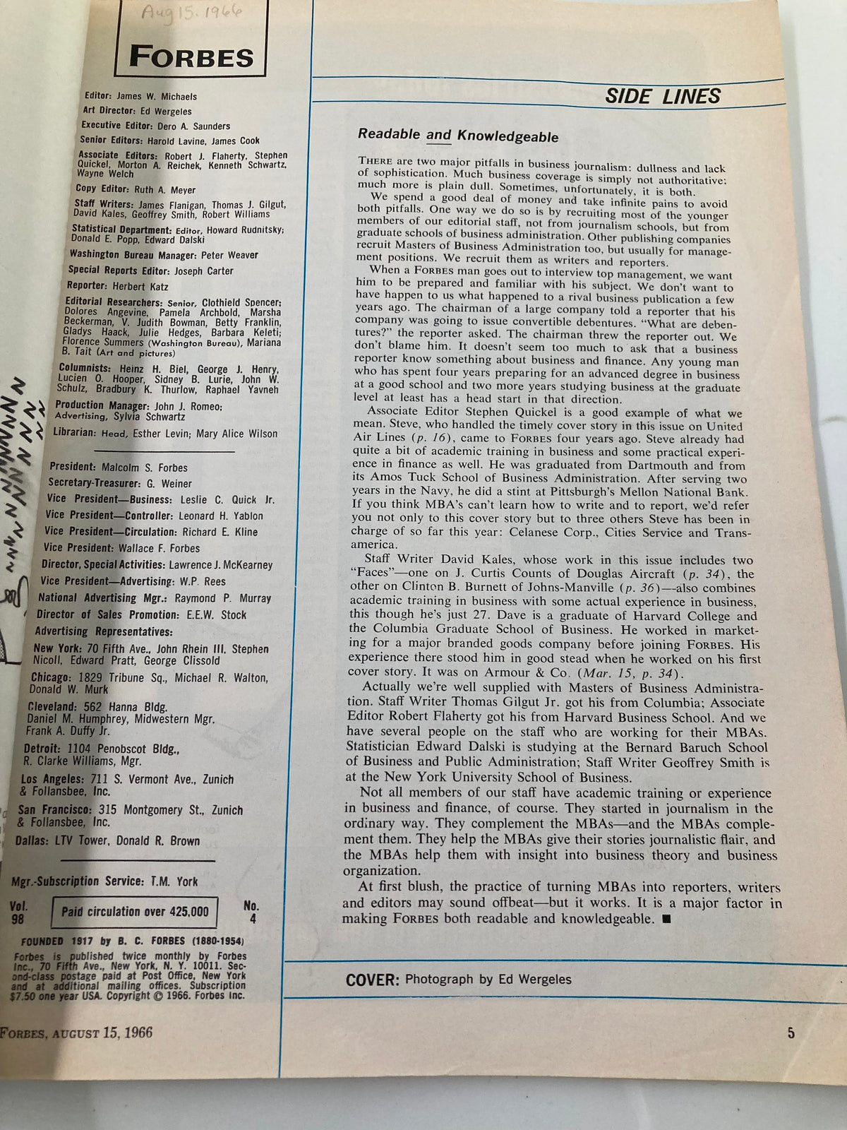 Inside page of VTG Forbes Magazine August 15 1966 featuring an article about business journalism and editorial staff, showcasing the magazine's vintage appeal.
