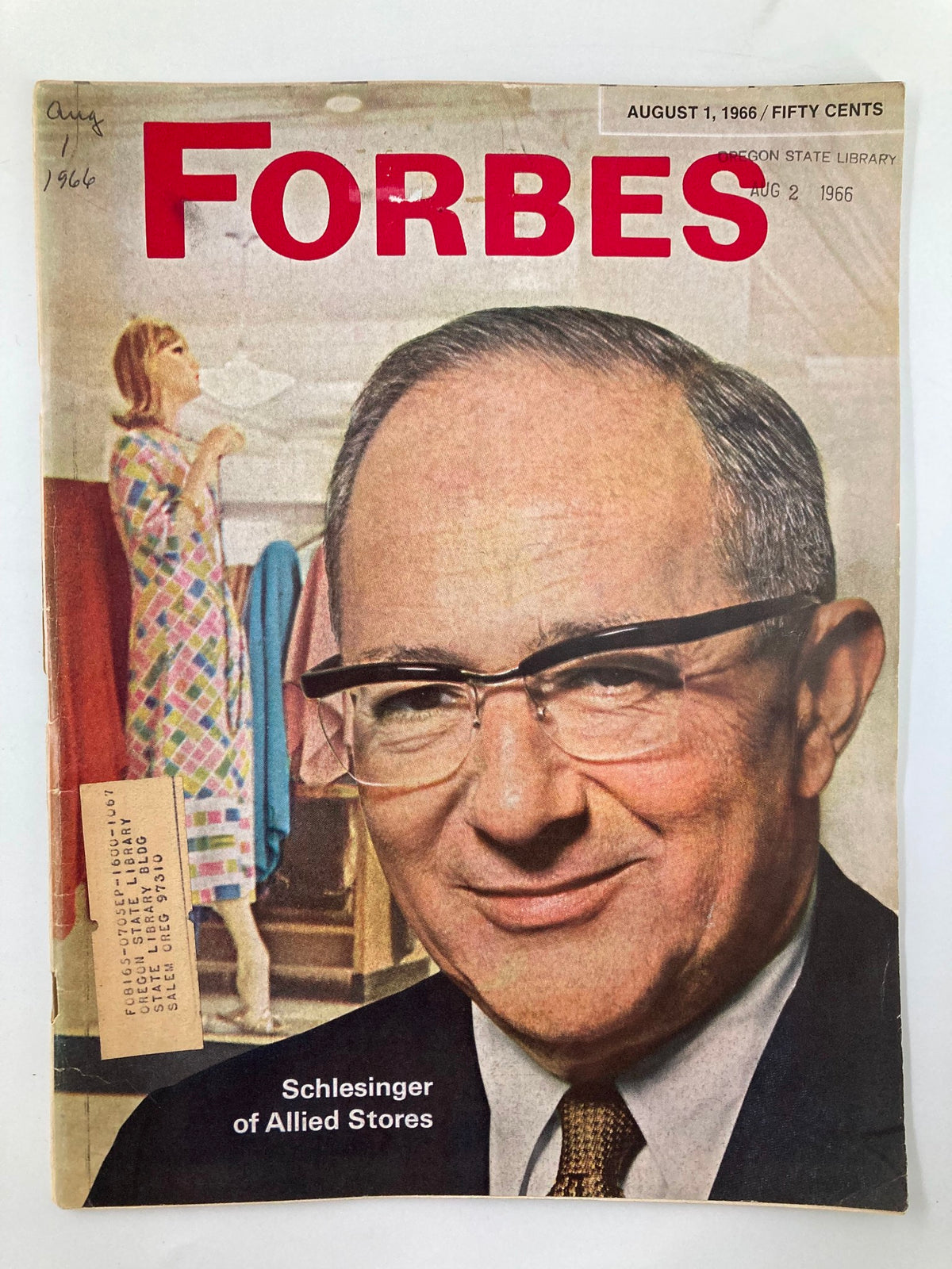 Cover of VTG Forbes Magazine August 1 1966 featuring Theodore Schlesinger of Allied Stores, showcasing a vintage photograph with a woman in stylish attire.
