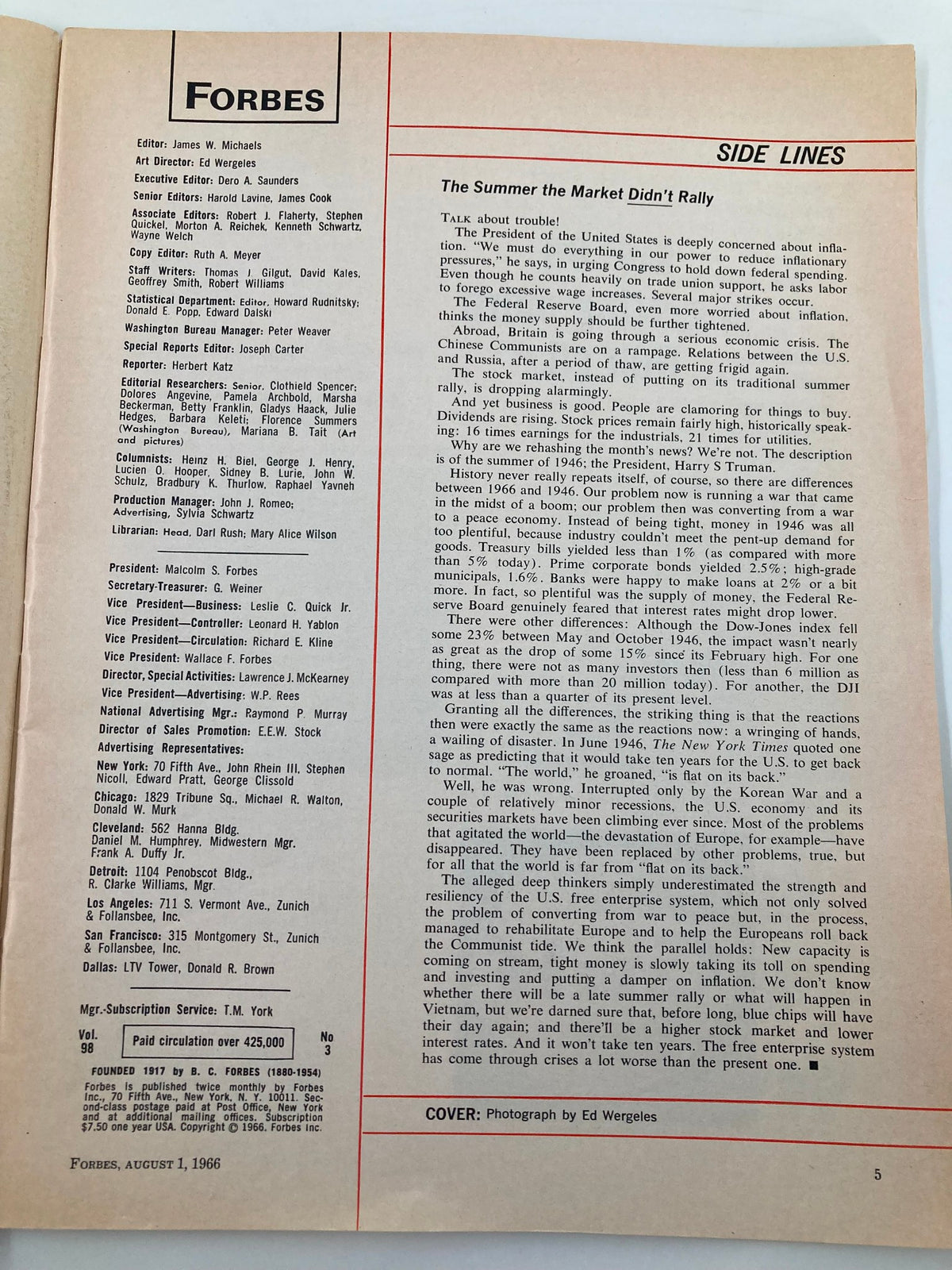 Interior page of VTG Forbes Magazine August 1 1966, presenting a portion of the magazine's editorial layout and content related to market discussions.