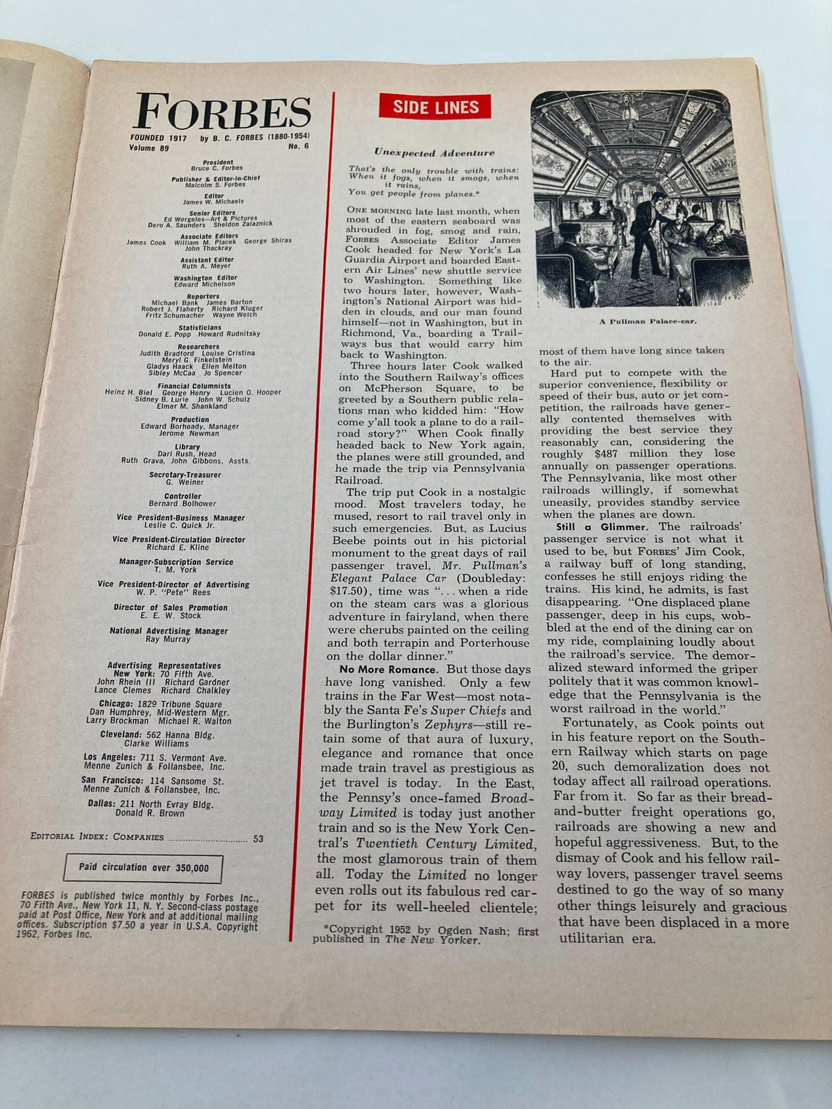 Interior page of VTG Forbes Magazine March 15 1962, illustrating business articles from a transformative era in American history.