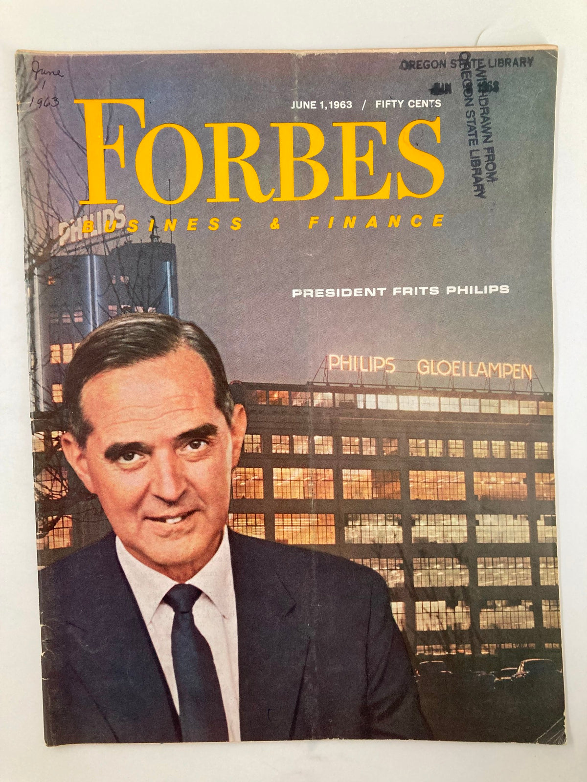 Cover of VTG Forbes Magazine from June 1, 1963 featuring President Frits Philips, showcasing the title and vintage design.