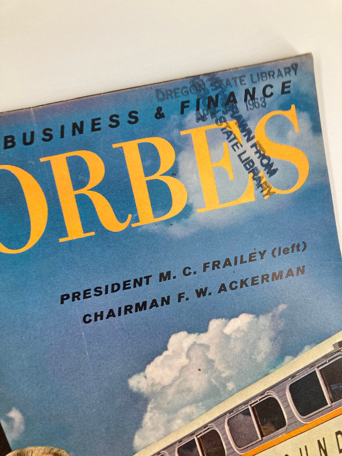 Close-up of the VTG Forbes Magazine May 1 1963 cover showing the title and names of President M.C. Frailey and Chairman F.W. Ackerman.