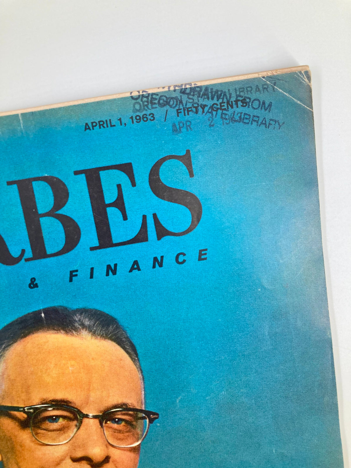 Close-up of the April 1 1963 Forbes Magazine cover showing details including the date and library stamp, featuring Eastman Kodak's William Vaughn.